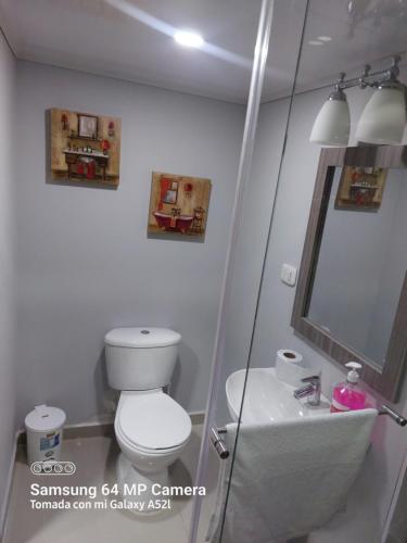 a bathroom with a toilet and a sink and a mirror at Casa Bella Vista in Buenavista