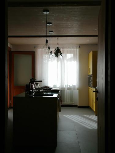 a kitchen with a island in the middle of a room at ALPINO B&B in Chiesa in Valmalenco