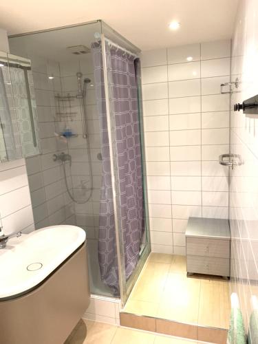 y baño con ducha y lavamanos. en XL City Center Apartment-contactless check-in Netflix Included en Basilea