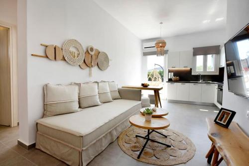 ein Wohnzimmer mit einem Sofa und einer Küche in der Unterkunft Kryni Deluxe Houses in Adamas