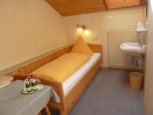 a small room with a bed and a sink at Ferienwohnung Panorama in Bad Kohlgrub