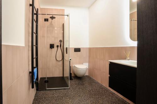 a bathroom with a shower and a toilet and a sink at Studio 501 in Kaunas