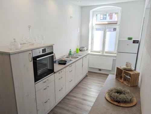施內貝格的住宿－Ursula，白色的厨房配有水槽和微波炉