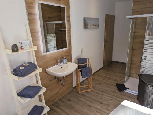 ein Bad mit einem Waschbecken und einem Spiegel in der Unterkunft Ursula in Schneeberg