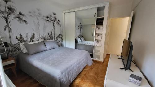 1 dormitorio con 1 cama, TV y espejo en Mi corazon en San Telmo en Buenos Aires