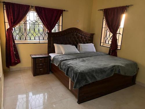a bedroom with a bed and two windows at Delornya Complex in Freetown