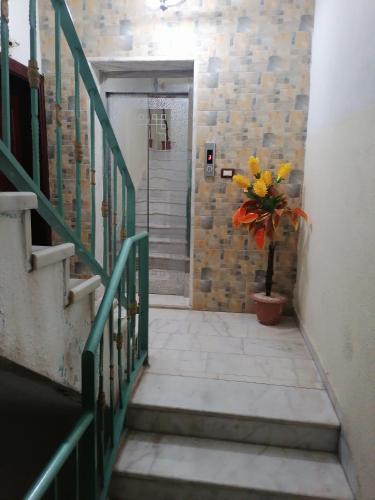 a hallway with stairs and a vase of flowers at Yaso Roof & Apartments in Amman