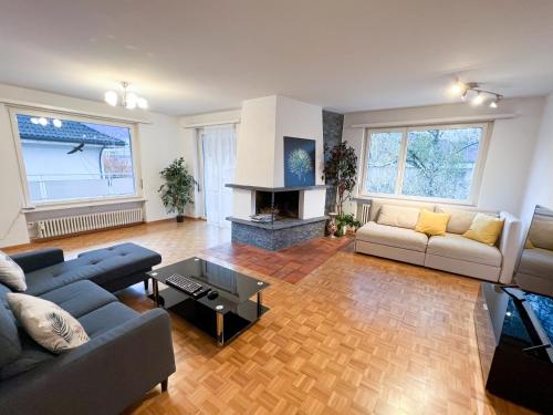un soggiorno con divano e camino di Schöne grosse Attika-Wohnung im Zentrum von Vaduz inkl. Parkplatz a Vaduz