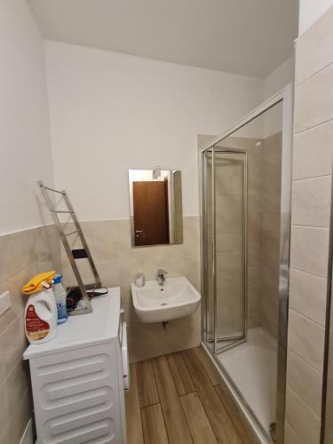 a bathroom with a sink and a shower and a toilet at Affittacamere airport orio Bergamo in Orio al Serio