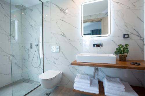 W łazience znajduje się toaleta, umywalka i lustro. w obiekcie SEASCAPE VILLAS VASSILIKI - Beachfront villas w mieście Vasiliki