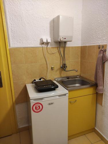 a small kitchen with a sink and a refrigerator at Beogradski sajam san - Belgrade Fair sleep in Belgrade