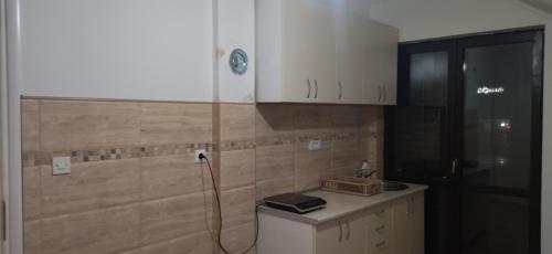 een keuken met een wastafel, witte kasten en een aanrecht bij Apartman Lazovic in Arilje