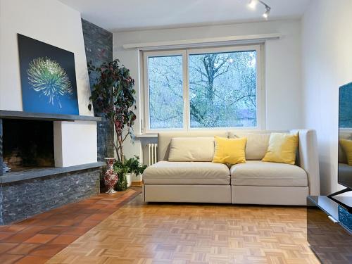 a living room with a couch and a fireplace at Schöne grosse Attika-Wohnung im Zentrum von Vaduz inkl. Parkplatz in Vaduz