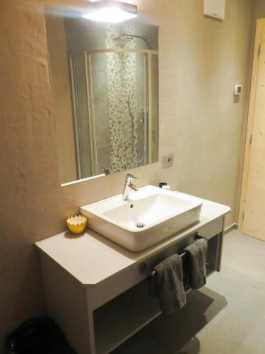 a bathroom with a white sink and a mirror at Apartments Resi in Rasùn di Sotto