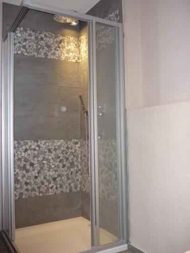 a shower with a glass door in a bathroom at Apartments Resi in Rasùn di Sotto