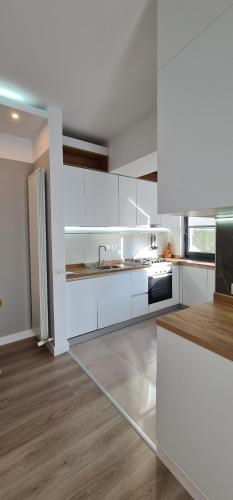 a white kitchen with white cabinets and a sink at Anise Apartment in Bucharest