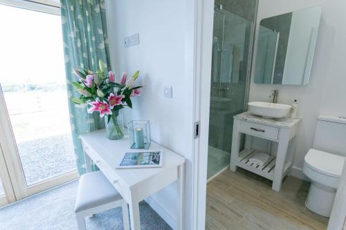 un baño con lavabo y un jarrón de flores sobre una mesa en Bwncath & Hebog, en Llanrhwydrys