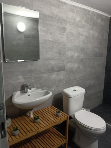 La salle de bains est pourvue de toilettes, d'un lavabo et d'un miroir. dans l'établissement RENA APARTMENTS, à Magoúla