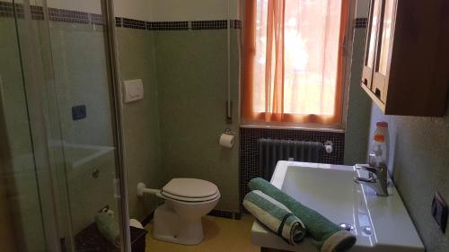 uma casa de banho com um WC, um chuveiro e um lavatório. em Coccole&Bollicine em Bérgamo