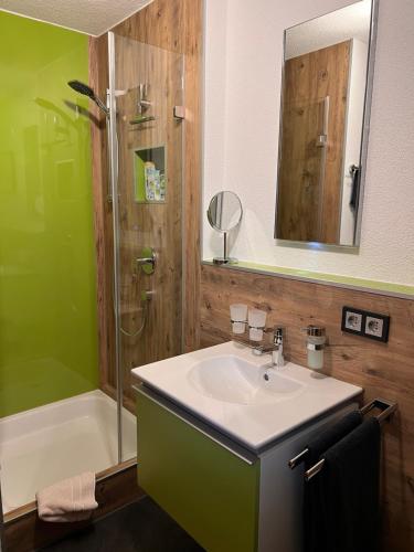 uma casa de banho com um lavatório e um chuveiro em Ferienwohnung Kaufmann em Baiersbronn