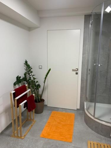 Habitación con ducha, 2 sillas y puerta de cristal. en Privatzimmer 500 m zur Messe München, en Haar
