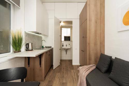 um pequeno apartamento com uma cozinha e uma sala de estar em Air Apartment 211 em Vilnius