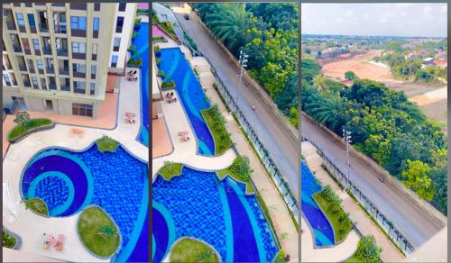 deux photos d'une piscine à côté d'un bâtiment dans l'établissement Mewah di Transpark cibubur cocok for Bestie & Family, à Kalimanggis