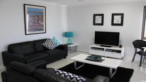 揚巴的住宿－Bluefish，客厅配有黑色沙发和电视