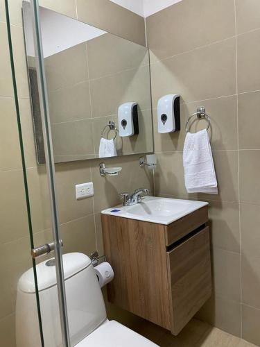 La salle de bains est pourvue de toilettes, d'un lavabo et d'un miroir. dans l'établissement La Patrona, à Falan