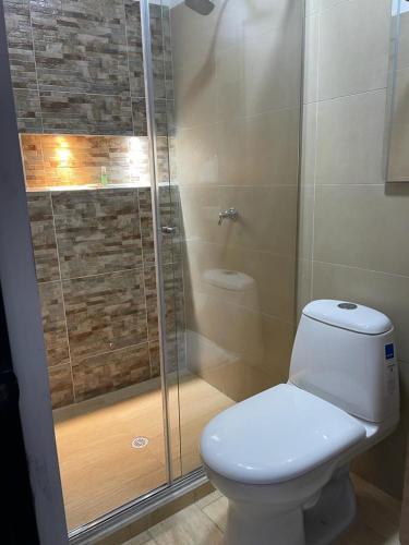 La salle de bains est pourvue de toilettes et d'une douche en verre. dans l'établissement La Patrona, à Falan