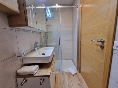 ein Bad mit einem Waschbecken und einer Dusche in der Unterkunft Studio Blackbird in Grimisuat