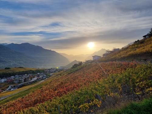 a view of a valley with the sun setting on a hill at Studio Blackbird in Grimisuat