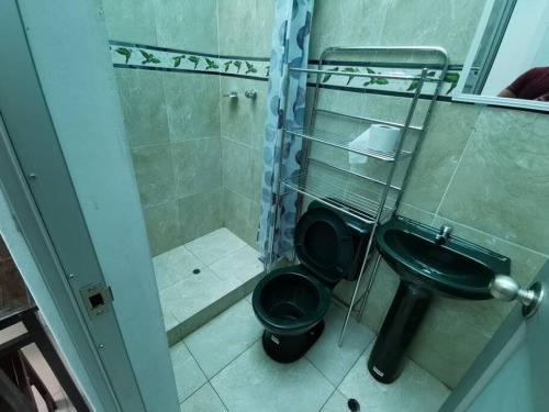 a bathroom with a black toilet and a shower at Acogedor departamento in Santa Rosa