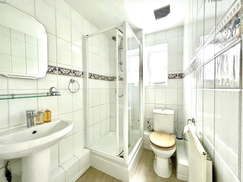 a bathroom with a toilet and a sink and a shower at Comfortable 3 bedroomed house in Bicester in Bicester