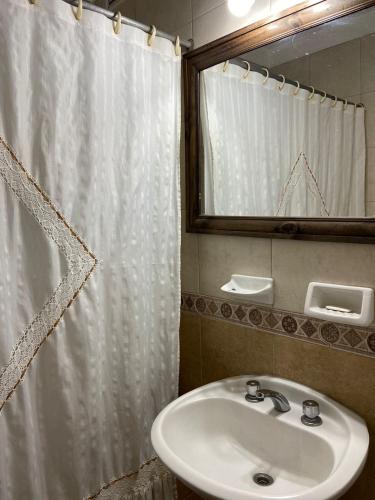 baño con lavabo y cortina de ducha en DEPTO COLON en Mar del Plata