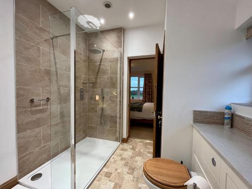 a bathroom with a shower stall and a toilet at Beech Cottage in Somersal Herbert
