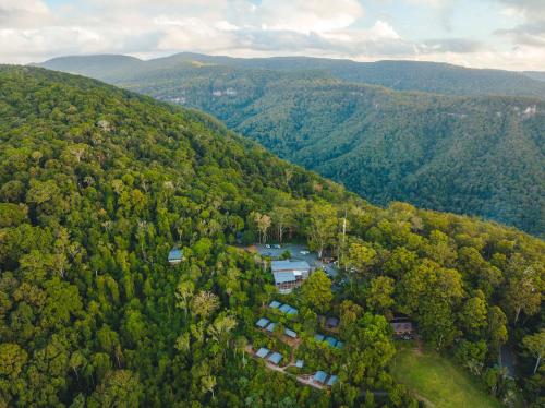 an aerial view of a house in the middle of a forest at Binna Burra Rainforest Campsite in Beechmont