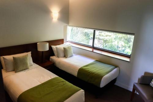 Habitación de hotel con 2 camas y ventana en Binna Burra Sky Lodges, en Beechmont