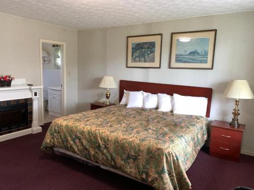 une chambre d'hôtel avec un lit et une cheminée dans l'établissement Old Mill Motel, à Blind River