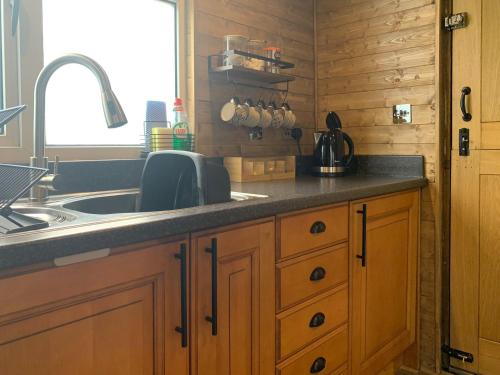 Boyton的住宿－Uk41510 - The Cabin，厨房配有木制橱柜、水槽和窗户。