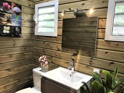 a bathroom with wooden walls and a toilet and a sink at Chalet Colibri , Les ANSES d'ARLET 200 m plage in Les Anses-dʼArlets