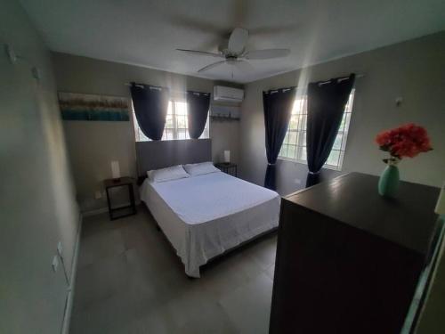 a bedroom with a white bed and two windows at Modern Apartment at the Worthington in Kingston