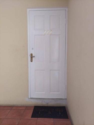 a white door with a mat in front of it at Modern Apartment at the Worthington in Kingston