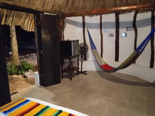 een kamer met een hangmat en een tv bij Cabañas Pájaro Azul 