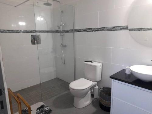 a bathroom with a toilet and a shower and a sink at Superbe appartement cosy neuf in Saint Martin