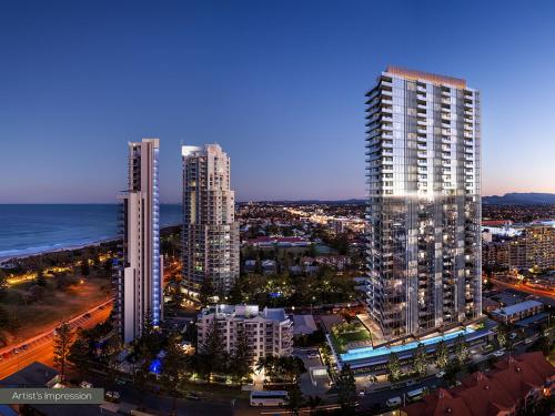 un perfil urbano con edificios altos y el océano en ULTIQA Signature at Broadbeach en Gold Coast