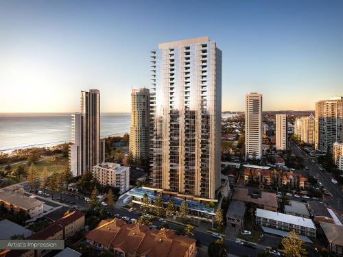 een luchtzicht op een stad met hoge gebouwen bij ULTIQA Signature at Broadbeach in Gold Coast