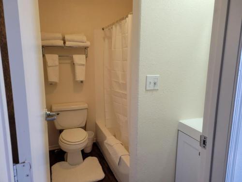 a bathroom with a toilet and a shower with towels at 084A Cozy Retreat with Kitchen nr South Rim Sleeps 4 in Valle