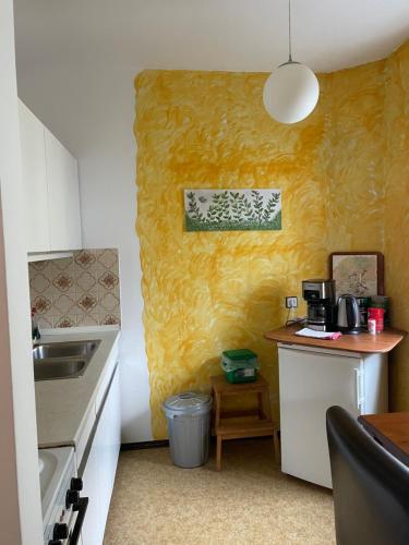 a small kitchen with a sink and a counter at Grazer Spatz in Graz