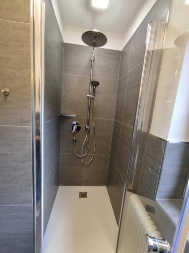 a shower with a glass door in a bathroom at Landhaus Seebacher in Spital am Pyhrn